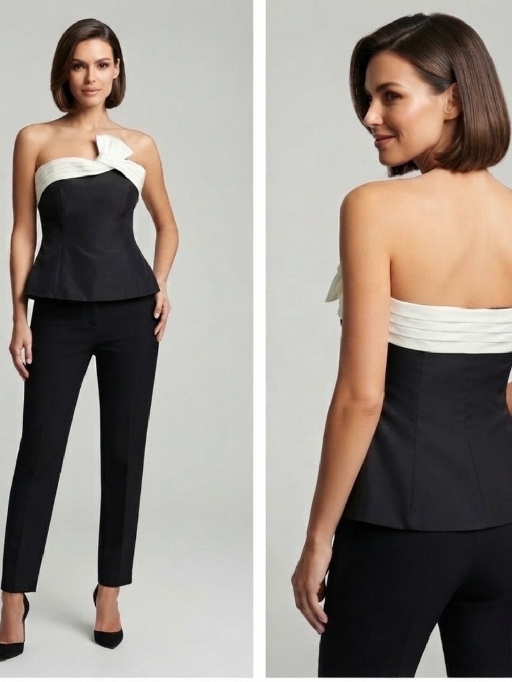White House Black Market Black Strapless Top with Cream Pleated Band Size 12